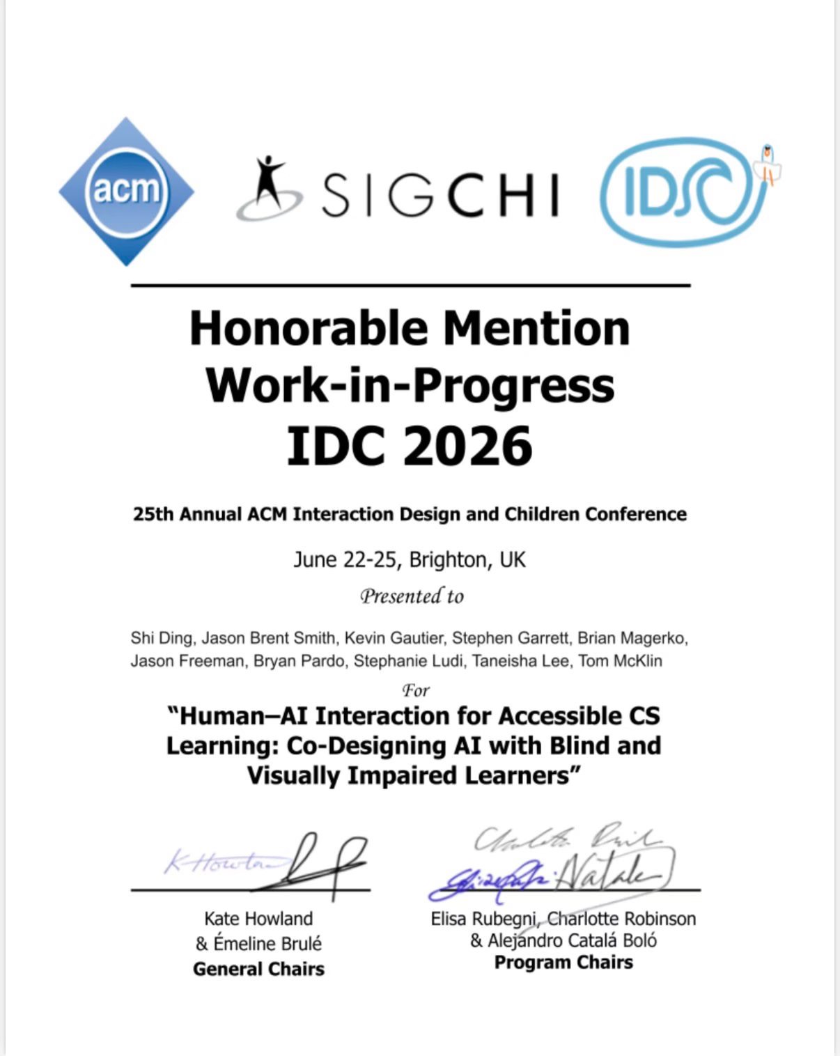 Best Paper Honorable Mention award for Accessible EarSketch research